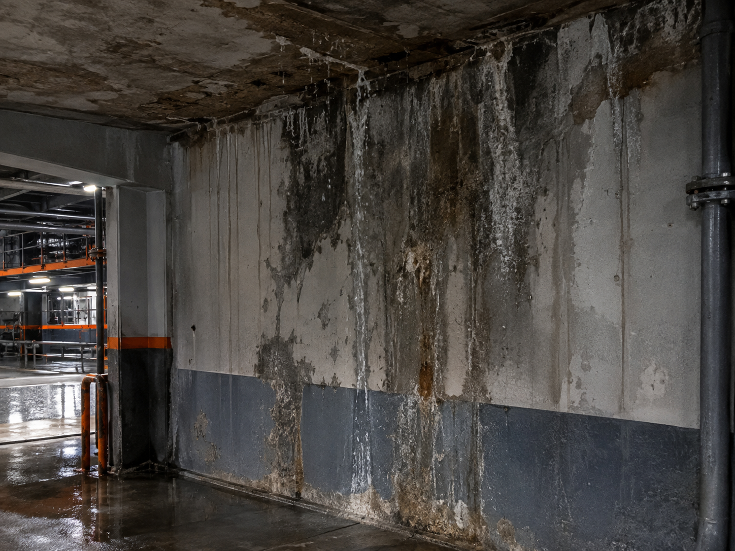 Muro industrial con filtraciones, humedad y depósitos minerales