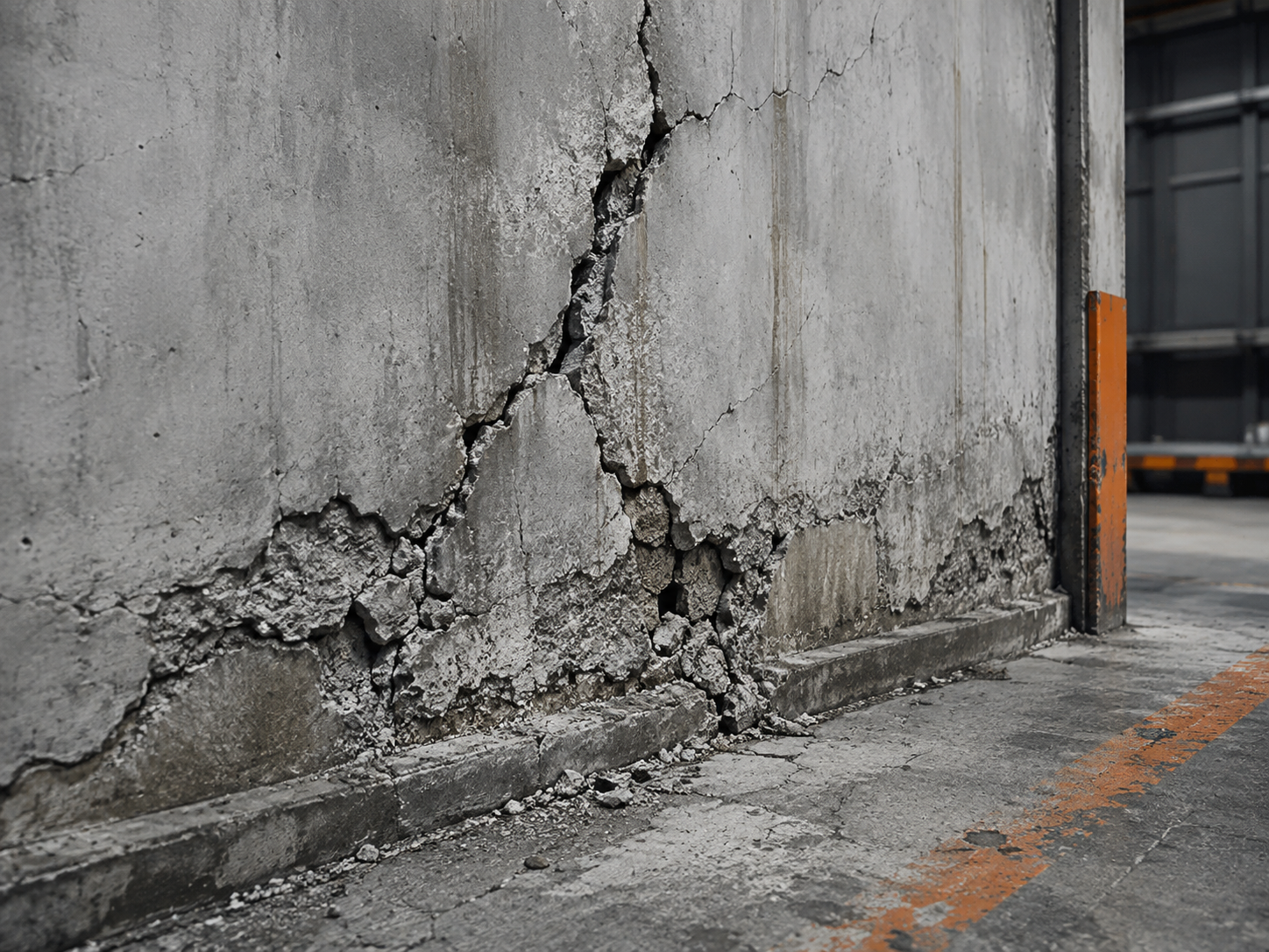 Muro y piso de hormigón con fisuras y deterioro estructural