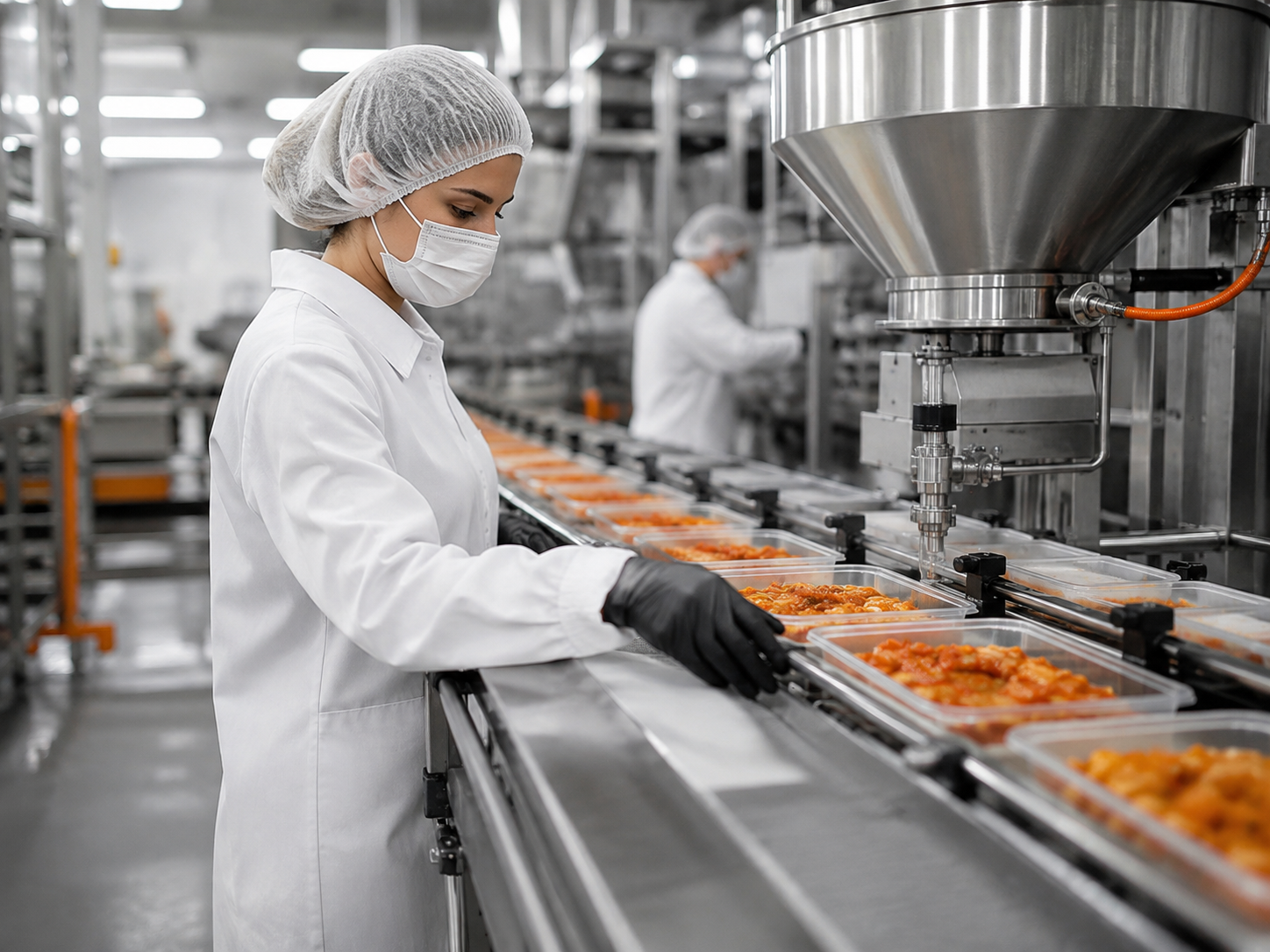 Línea de producción en planta alimenticia con requisitos de higiene