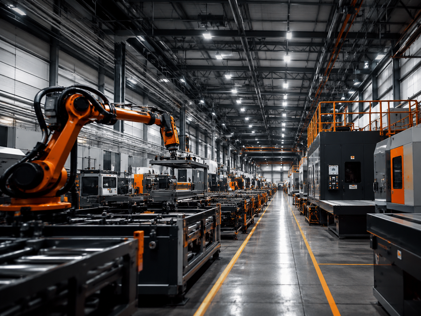 Planta manufacturera automatizada con líneas de producción y piso industrial