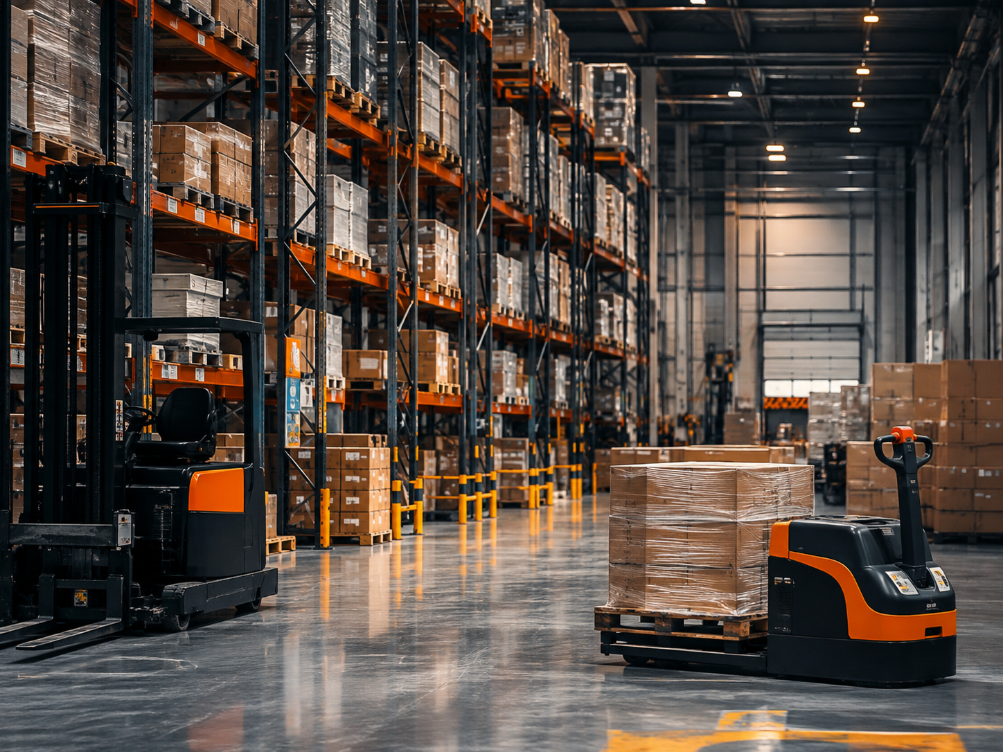 Bodega logística con racks de almacenamiento y piso industrial