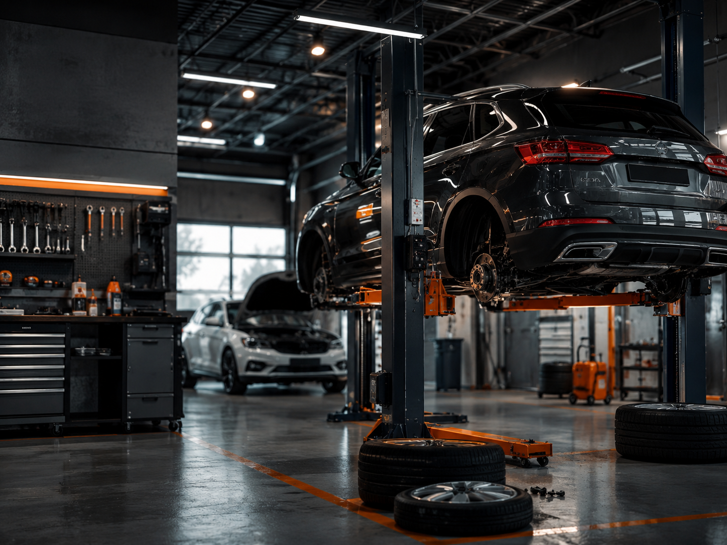 Taller automotriz con piso industrial y bahía de servicio