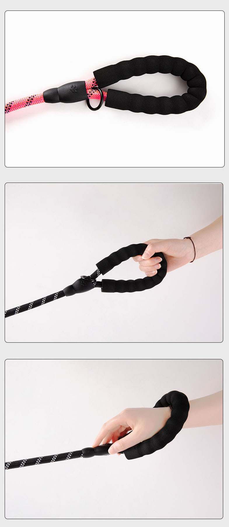 Reflective rope dog leash with foam handle