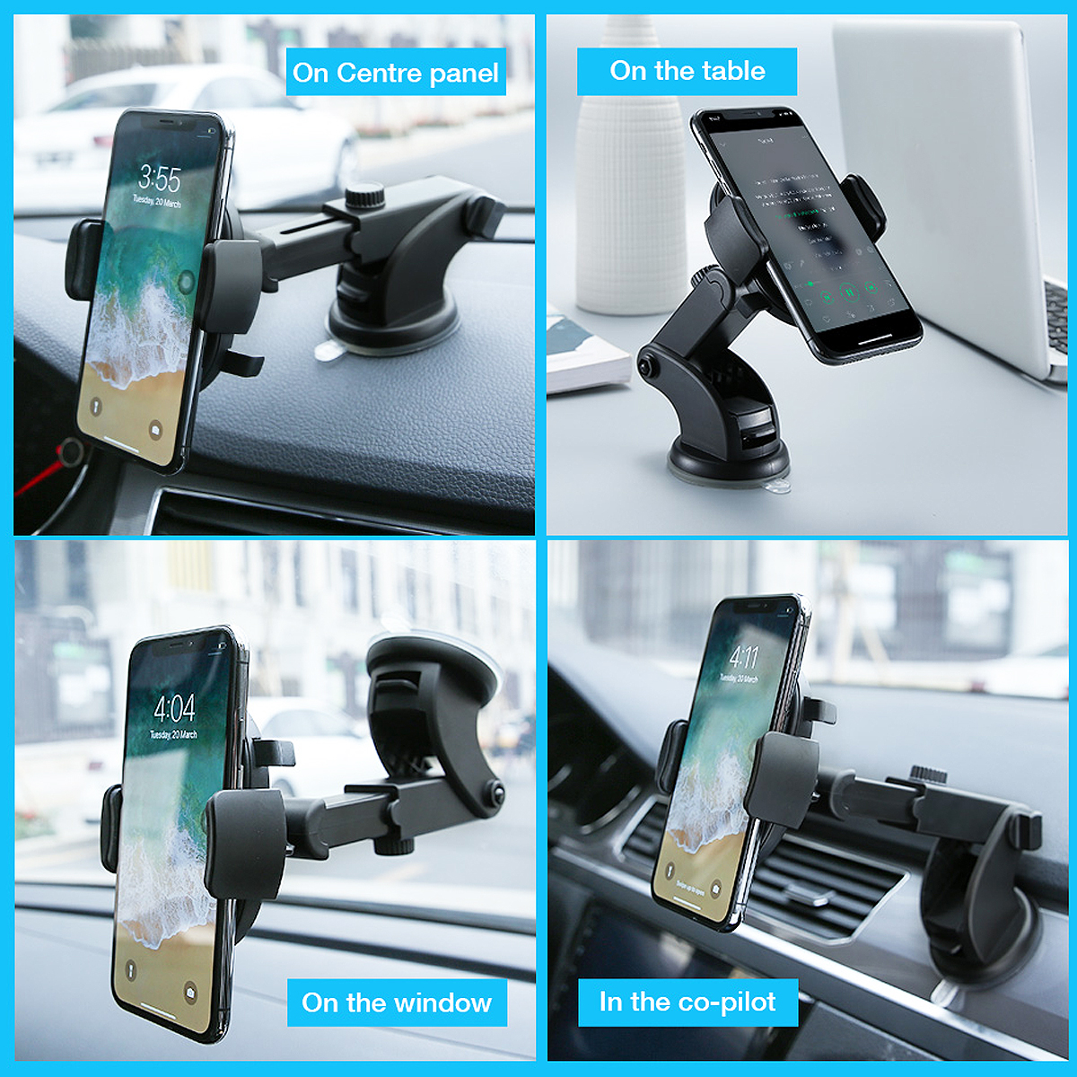 Telescopic car phone mount on dashboard