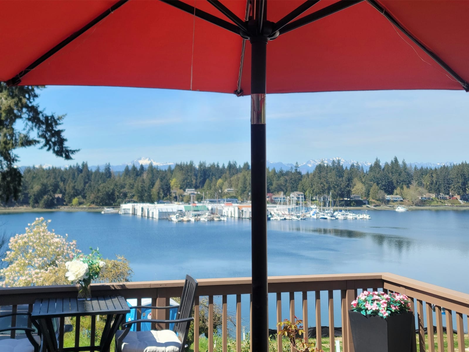 Main-deck panorama across Phinney Bay to the Olympic Mountains