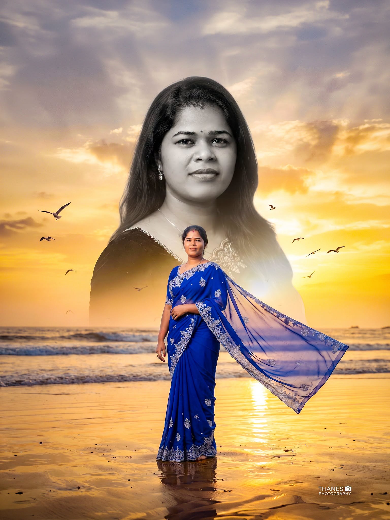 Premium Cinematic Double Exposure Beach Sunset Portrait | Royal Blue Saree | Ultra Realistic 8K
