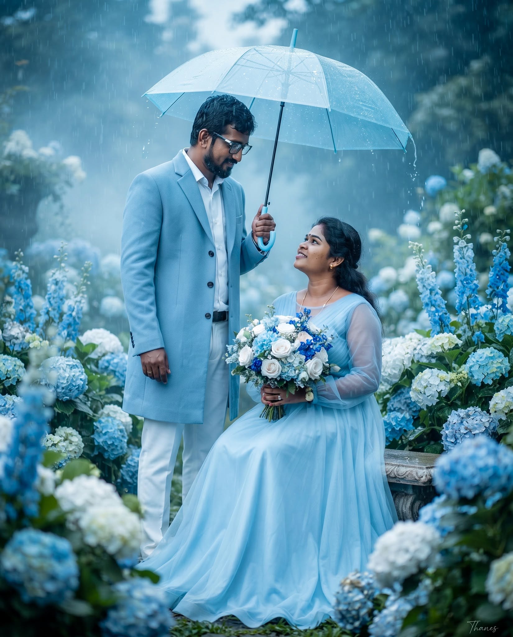 Ultra-Realistic Rainy Romantic Couple Portrait Prompt | Cinematic Blue Floral Garden