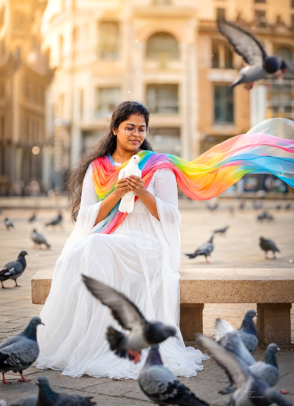 Rainbow Scarf Dove Cinematic Portrait