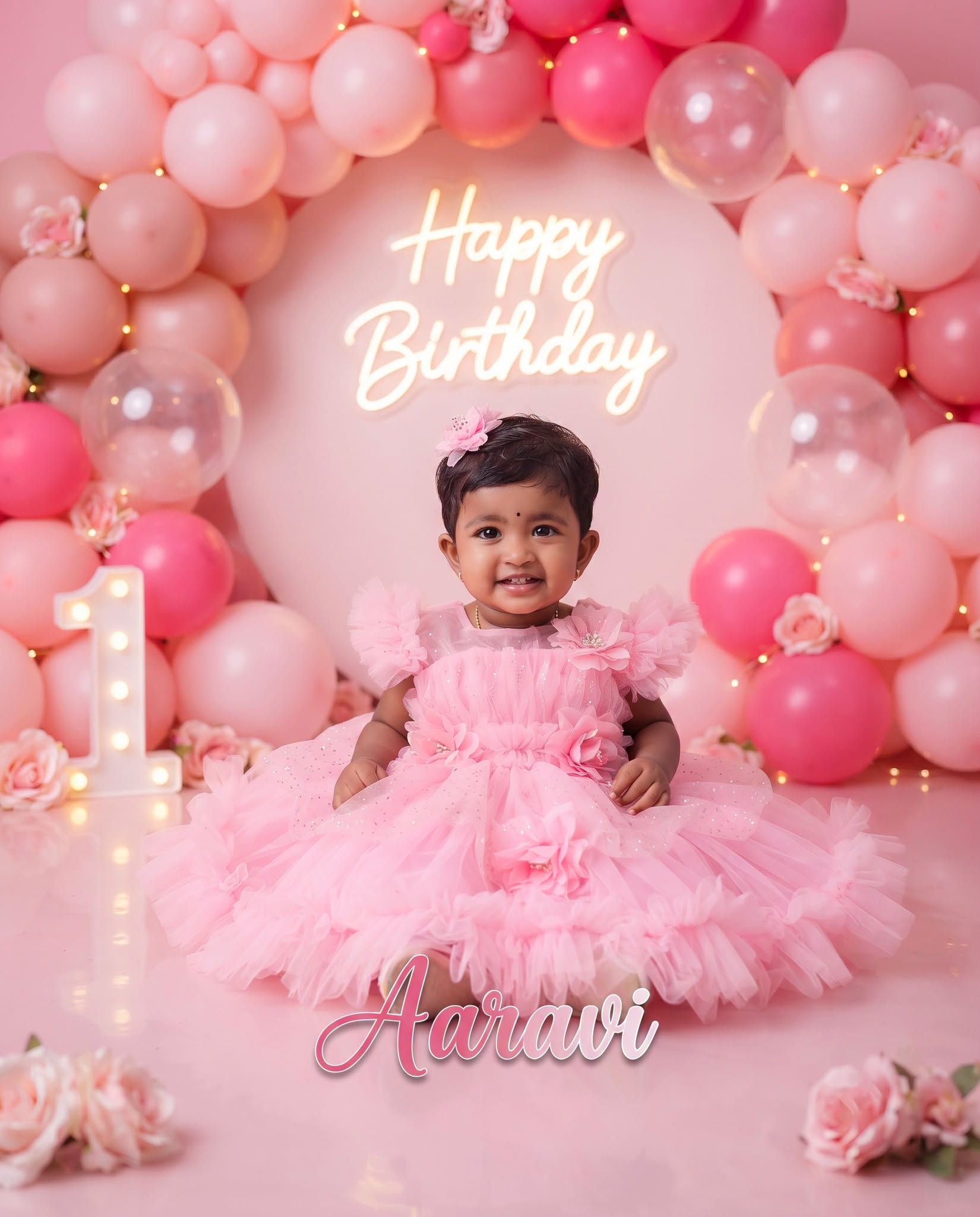 Pink 1st Birthday Balloon Portrait