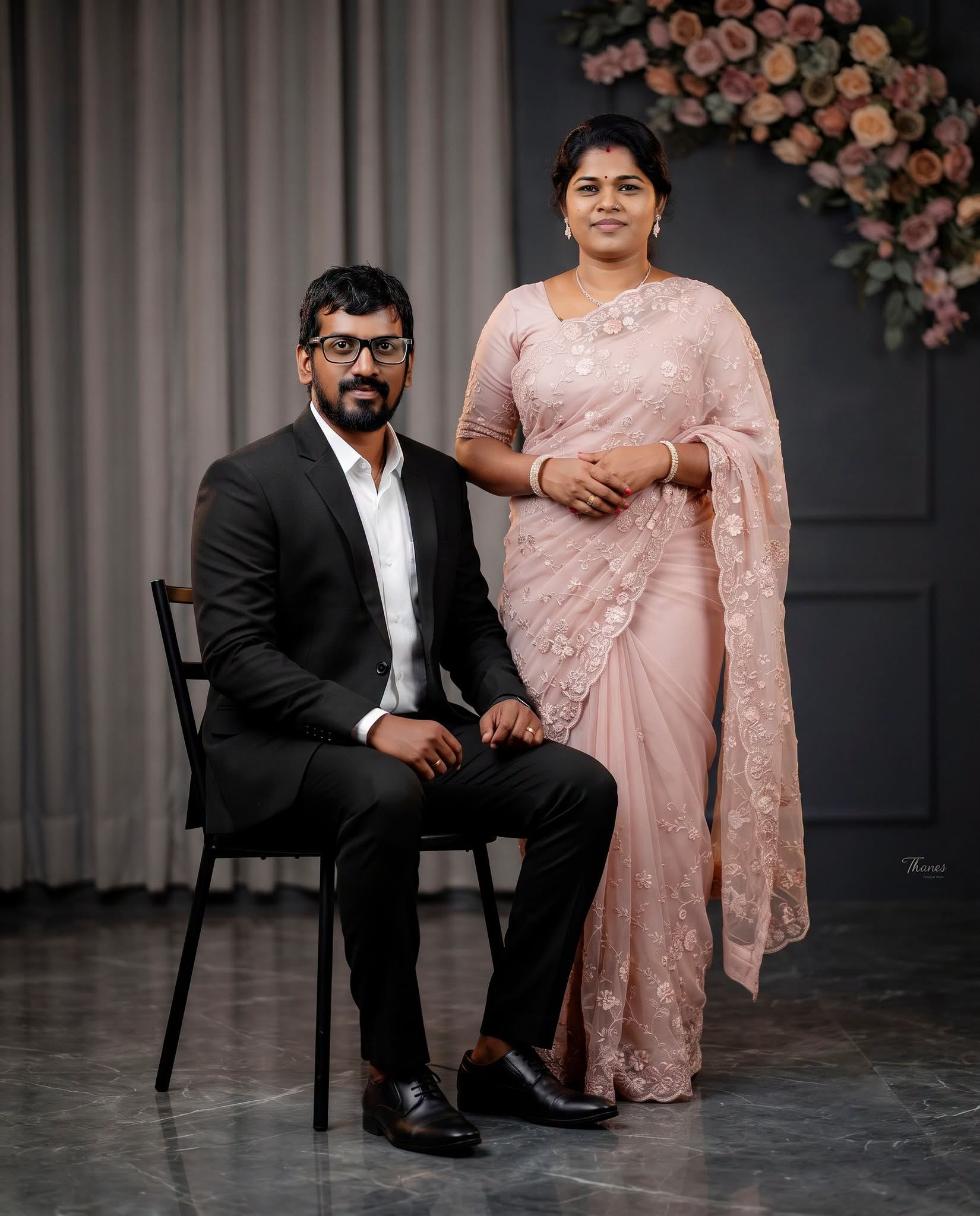 Elegant Black Suit & Blush Saree Couple Portrait