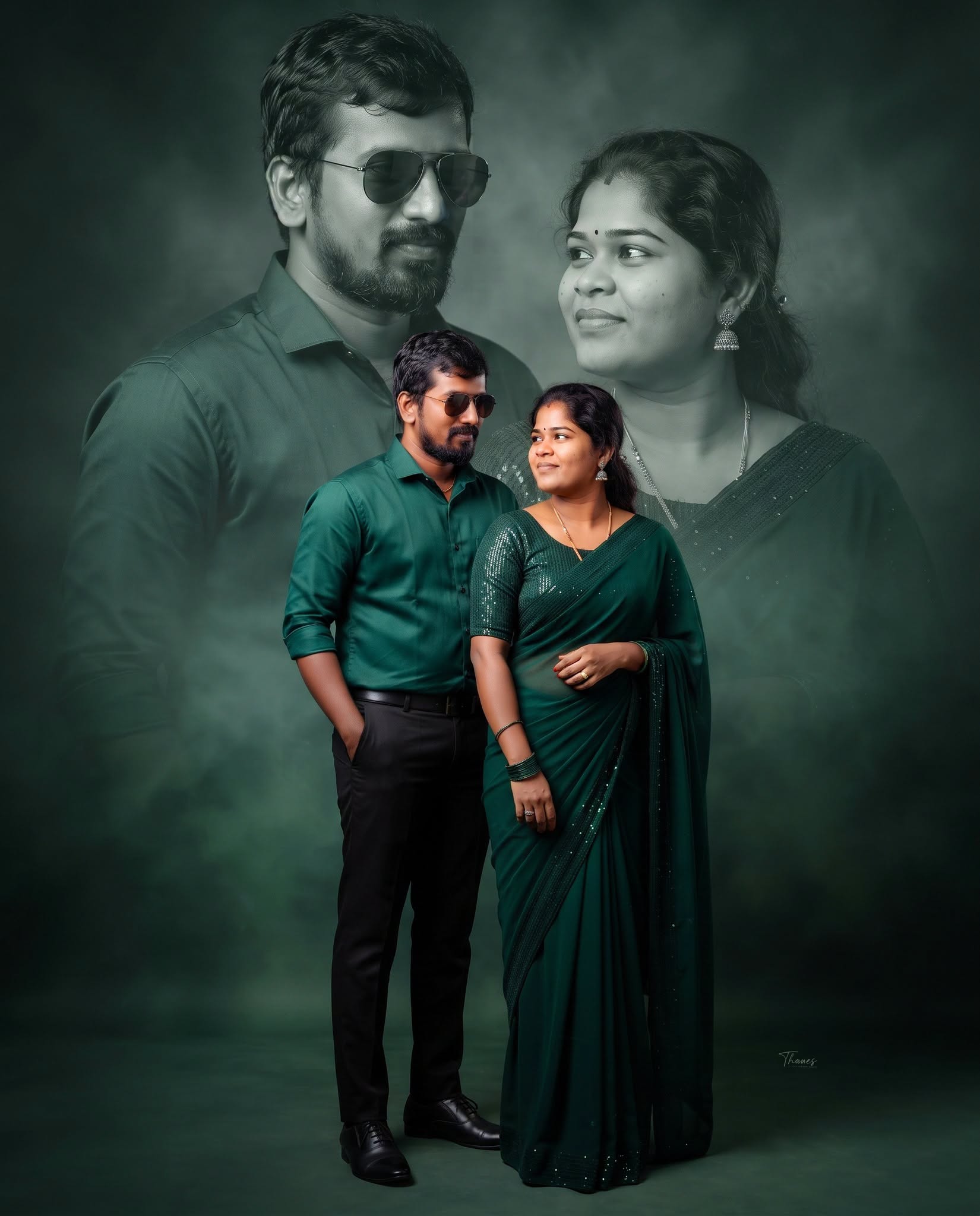Emerald Green Romantic Double-Exposure Couple Poster