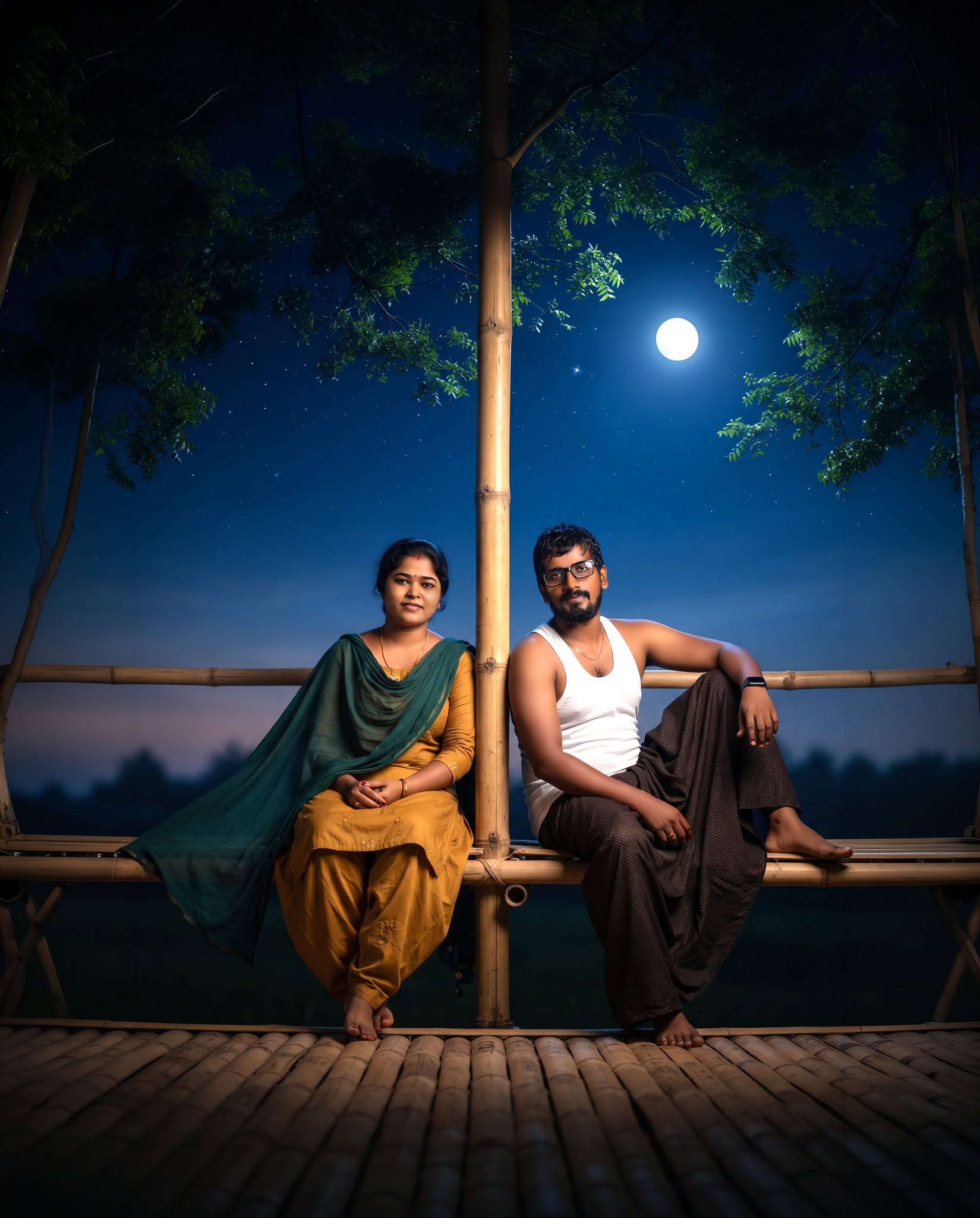 Moonlit Bamboo Bridge — Cinematic Couple Portrait