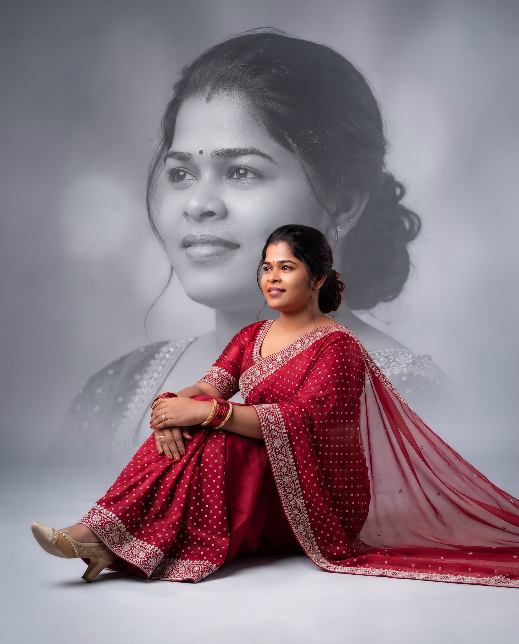 Crimson Saree Monochrome Portrait
