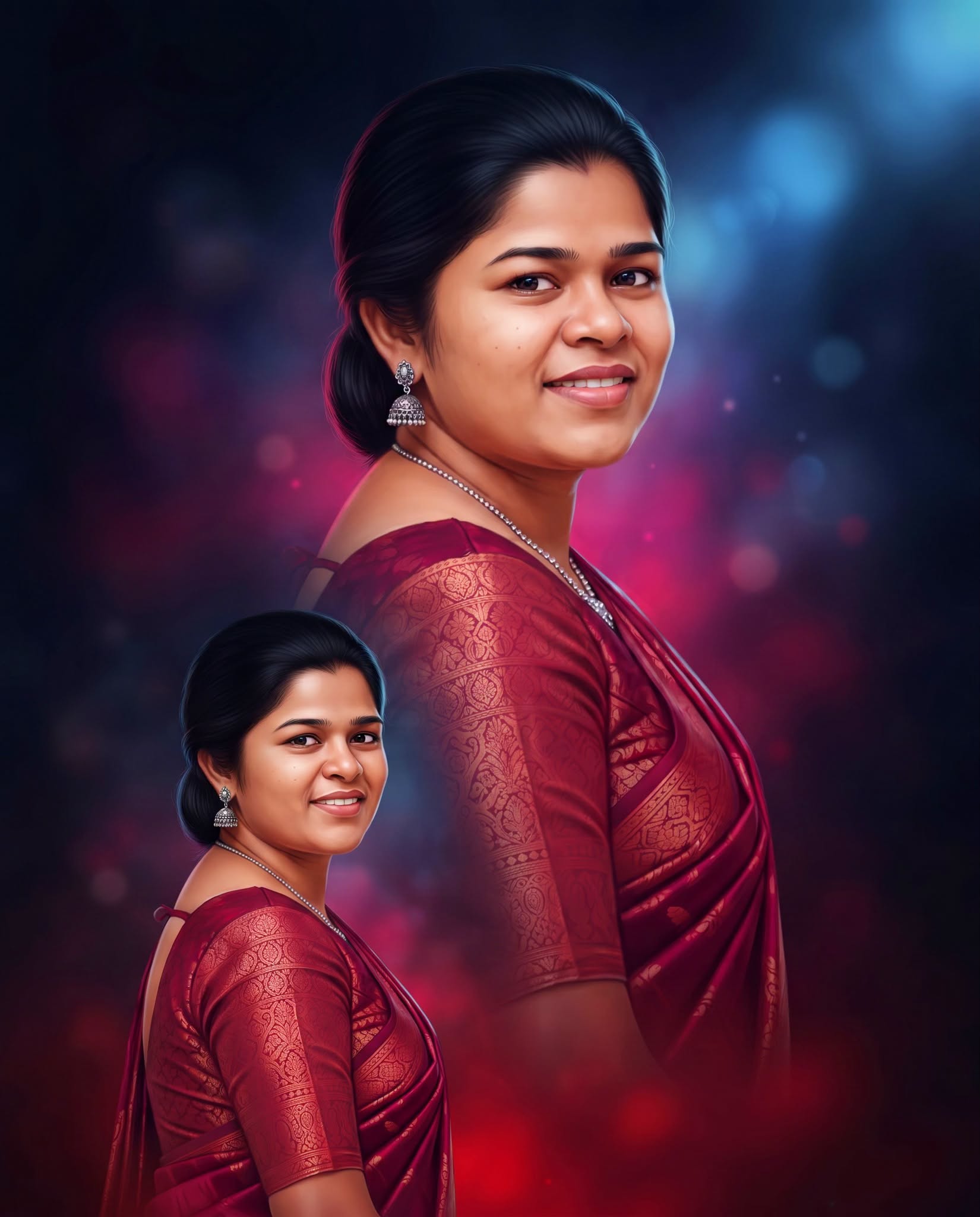 Crimson Saree Cinematic Digital Portrait