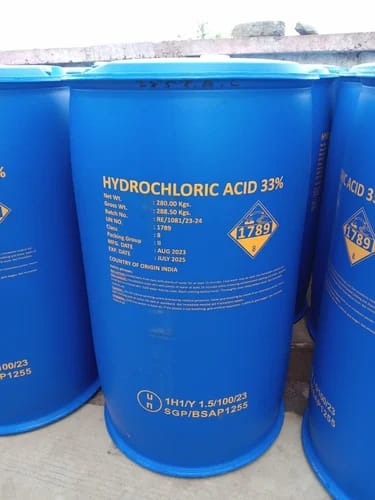 Hydrochloric Acid 33% (Technical / Industrial Grade (33% Concentration), Clear Fuming Yellowish Liquid) in commercial industrial packaging