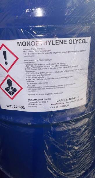 Mono Ethylene Glycol (Fiber / Polyester / Industrial Grade (99.8% Pure), Clear Viscous Odorless Liquid) in commercial industrial packaging