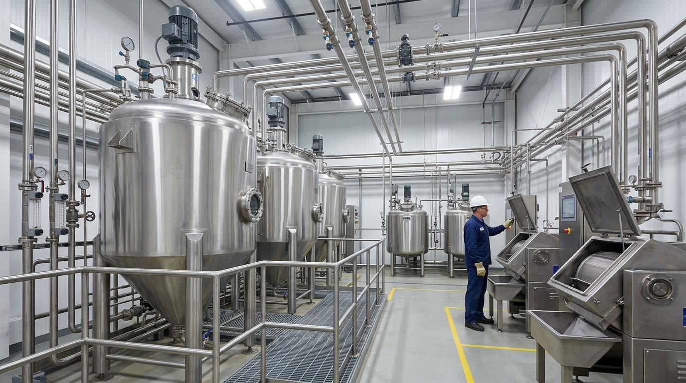 Modern industrial crystallization vessels and centrifuge filtration units for chemical manufacturing of iron salts