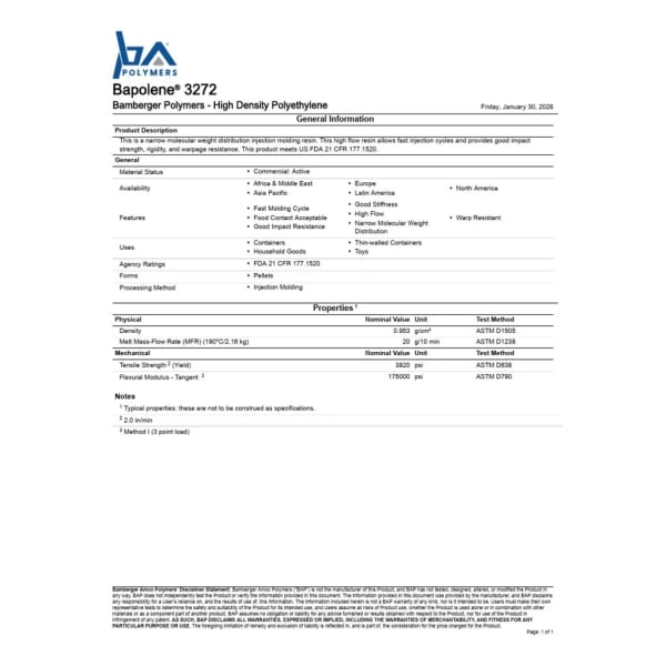 HDPE INJ. BAPOLENE 3272 (20 MFI) : 25 KG commercial packaging