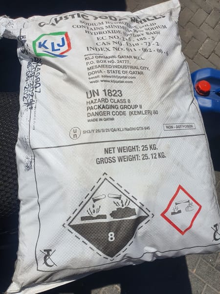 Caustic Soda Pearls (Industrial / Technical Grade (99% Pure), White Dust-Free Spherical Pearls) in commercial industrial packaging