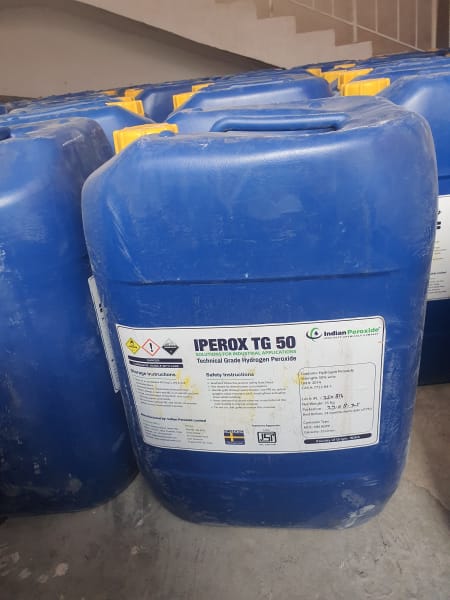 Hydrogen Peroxide 50% (Technical / Industrial Grade (Stabilized 50% w/w), Clear Liquid) in commercial industrial packaging