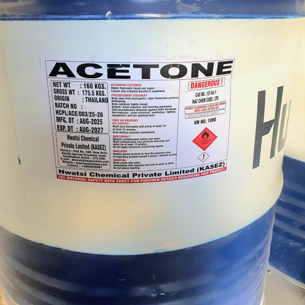 Acetone (Industrial / Laboratory Grade (99.5% - 99.9% Pure), Clear Colorless Volatile Liquid) in commercial industrial packaging