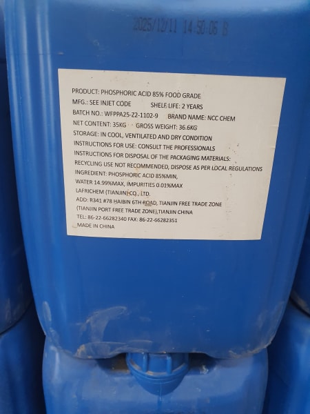 Phosphoric Acid 85% Tech / Food Grade (Technical Grade, Liquid) in commercial industrial packaging