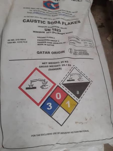 Sodium Hydroxide ( Caustic Soda Flakes 99% ) (pH Adjustment Water Treatment, Standard Packaging) in commercial industrial packaging