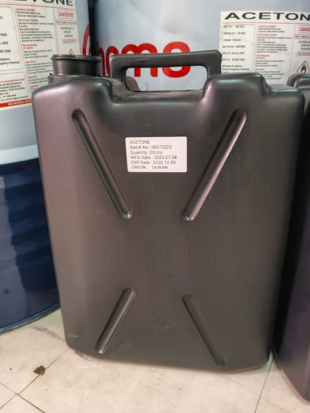 20-litre black HDPE jerrycan of Acetone solvent supplied by KIKI'S Industrial Chemicals Nairobi Kenya, showing batch 08072025 and Taiwan origin label.