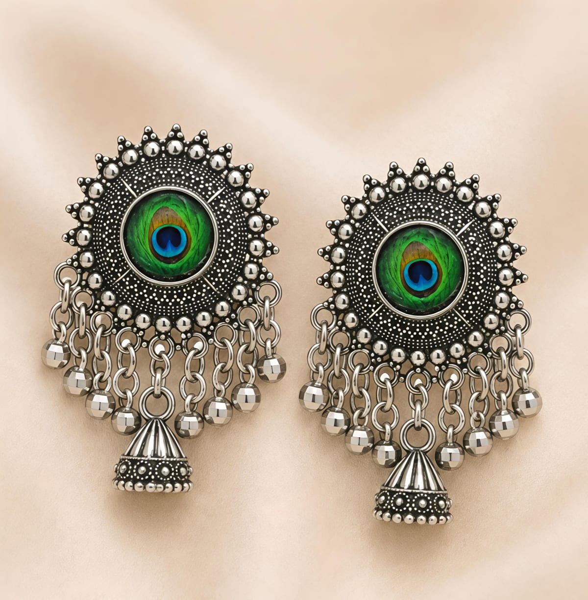 Peacock Feather Oxidised Silver Jhumka Drop Earrings