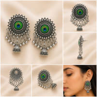 Peacock Feather Oxidised Silver Jhumka Drop Earrings