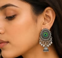 Peacock Feather Oxidised Silver Jhumka Drop Earrings