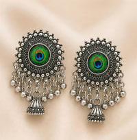 Peacock Feather Oxidised Silver Jhumka Drop Earrings