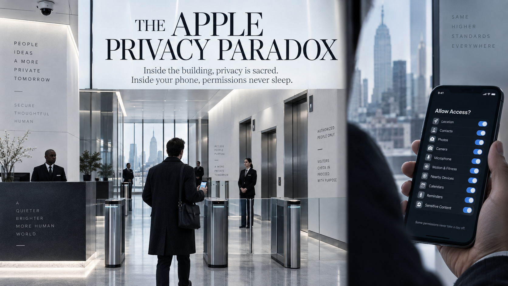 Editorial illustration contrasting a tightly controlled corporate lobby with smartphone privacy permissions.