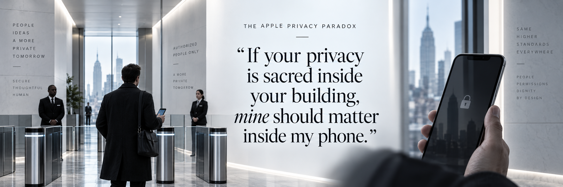 Editorial pull quote asking why personal privacy inside a phone should matter as much as corporate privacy inside a building.
