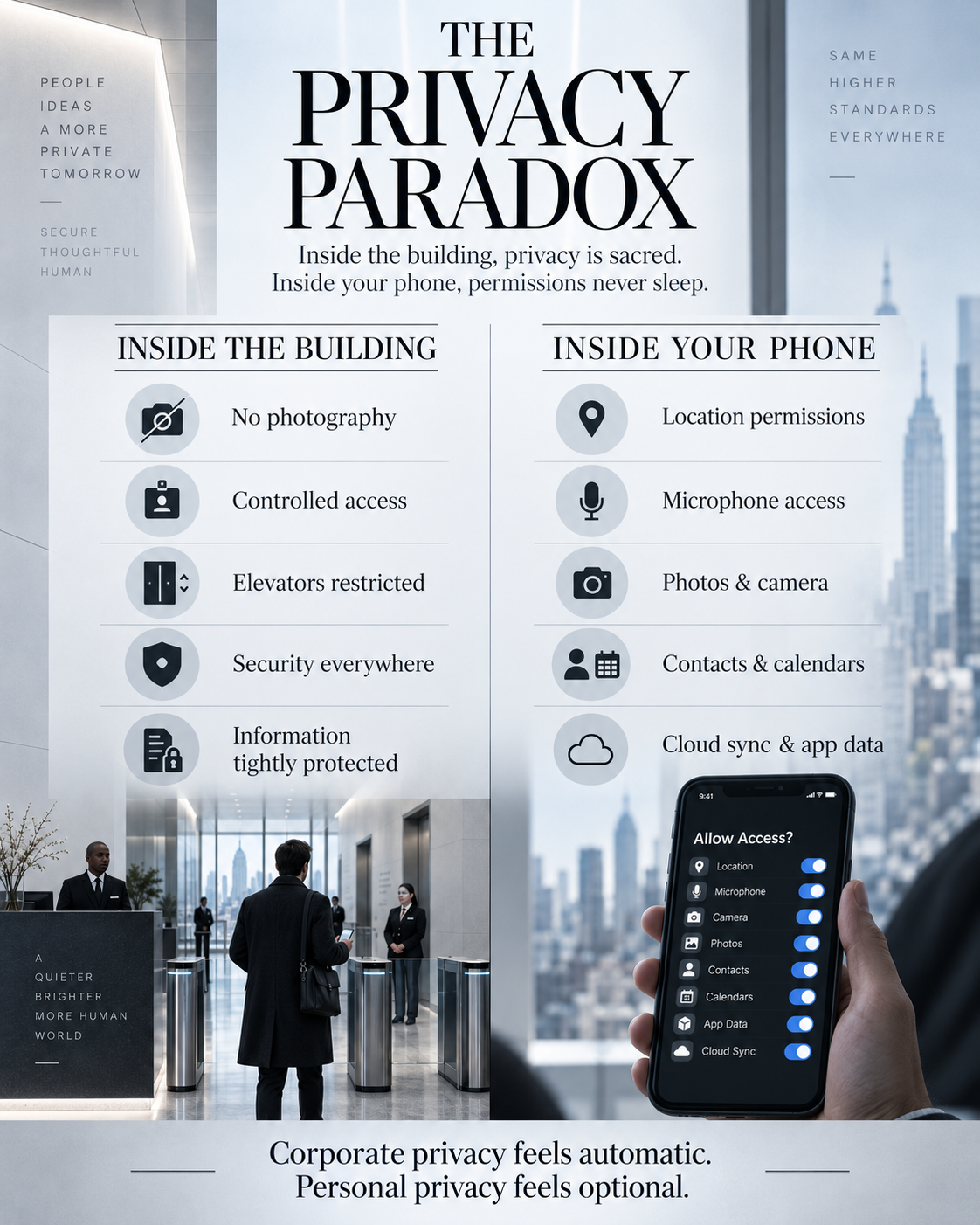 Infographic comparing controlled privacy inside a corporate building with permission categories available on a smartphone.