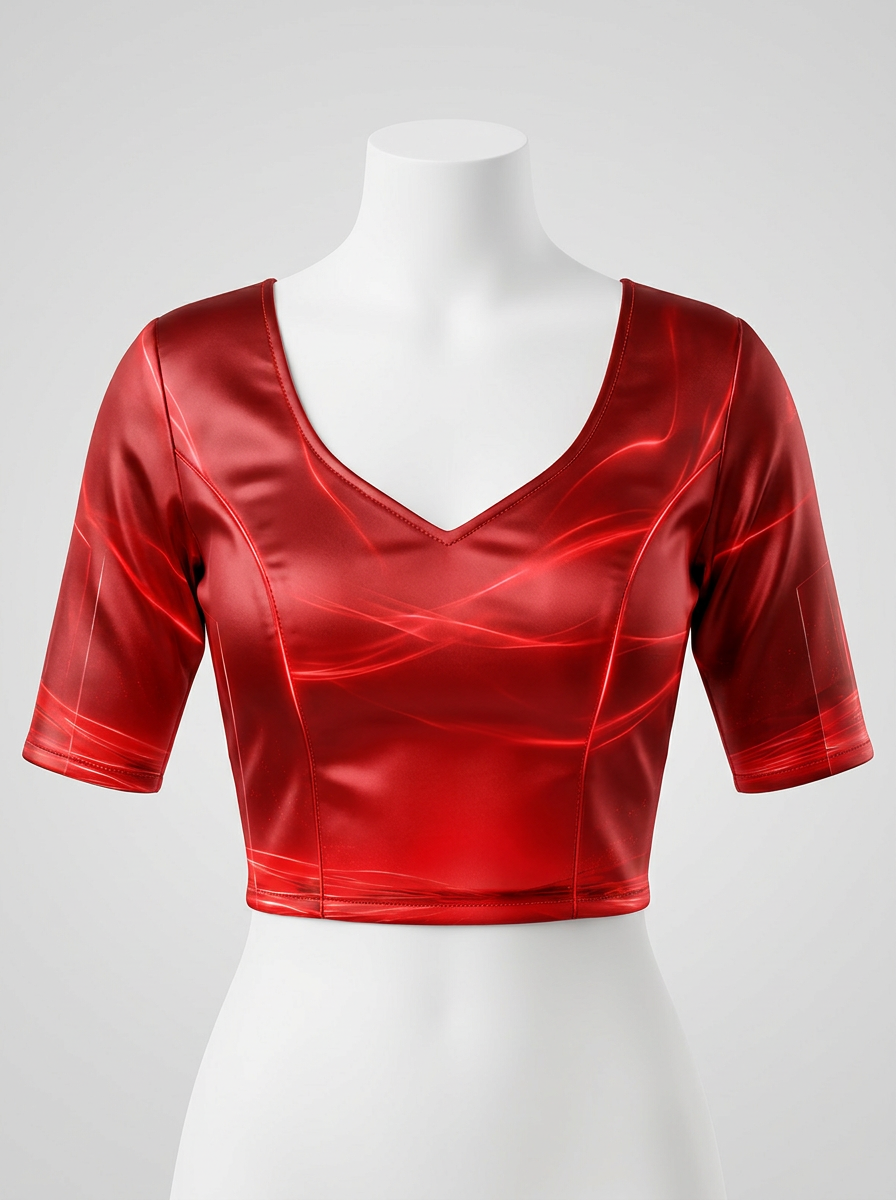 Front view of a red V-neck saree blouse on a mannequin, showcasing its fitted silhouette and subtle, shimmering pattern.