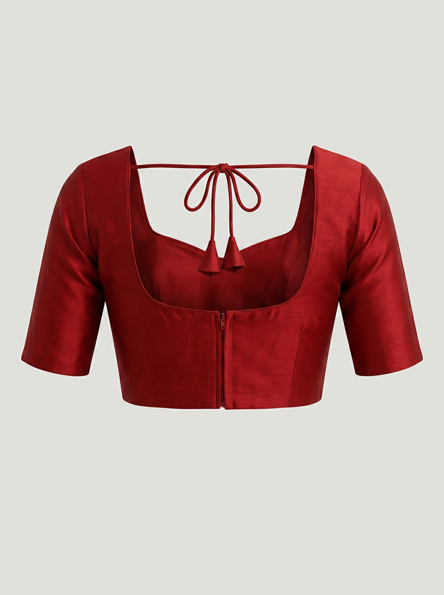 Back view of the red saree blouse, highlighting the square neckline, back zipper, and decorative tie-up tassels.
