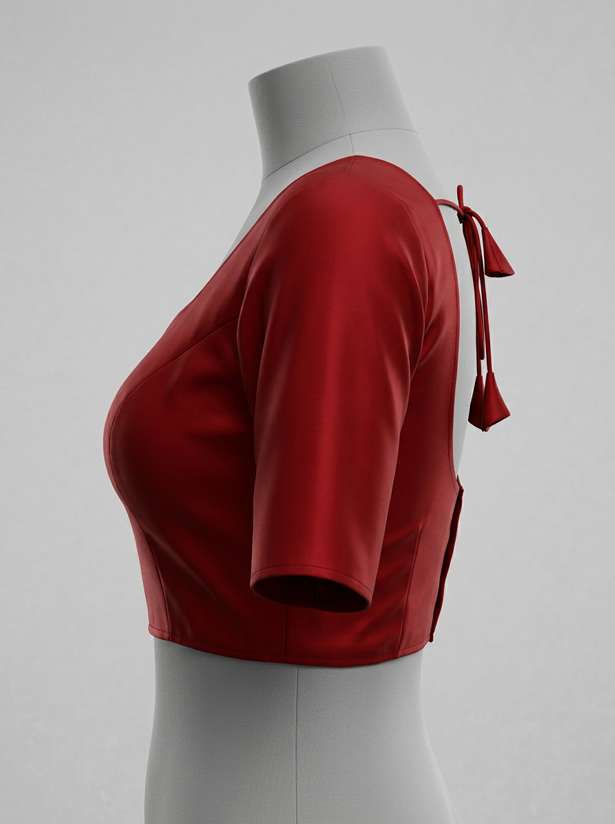 Side profile of the red saree blouse on a mannequin, showing the short sleeves and tailored fit.
