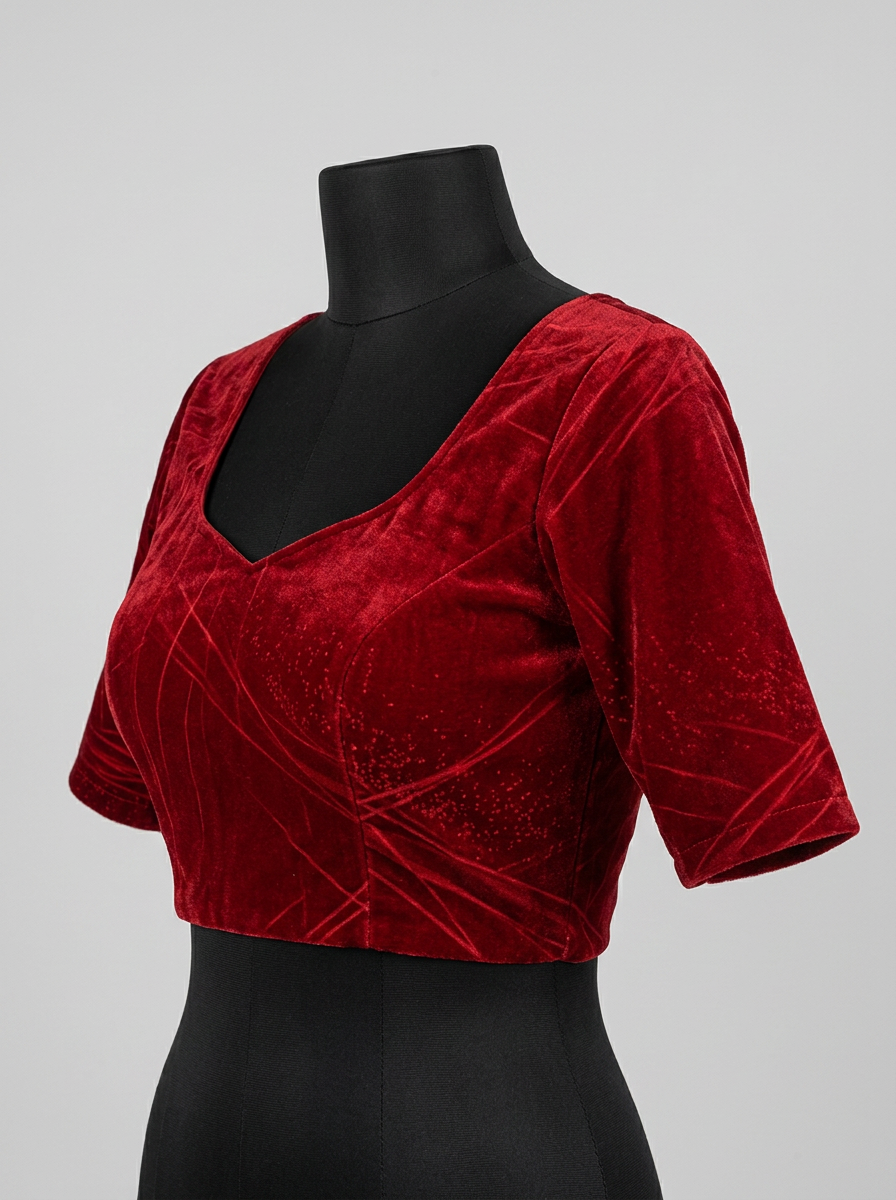 Close-up of the deep red velvet fabric, revealing its rich texture and embossed geometric pattern.