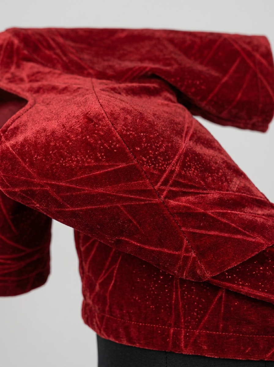 Detailed close-up of the red velvet blouse fabric, emphasizing the intricate geometric pattern and soft pile.