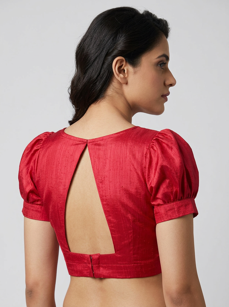 Model wearing the red art silk blouse, viewed from a slightly angled back perspective, emphasising the high neck and the stylish open back.