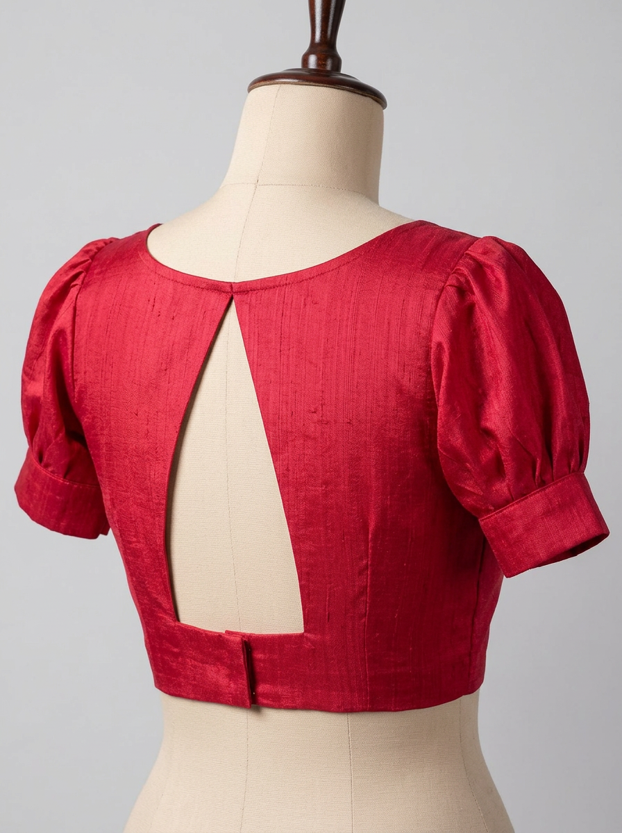 Mannequin displaying the red art silk blouse from the back, clearly showing the puffed sleeves, high neckline, and the distinctive open back cut-out.