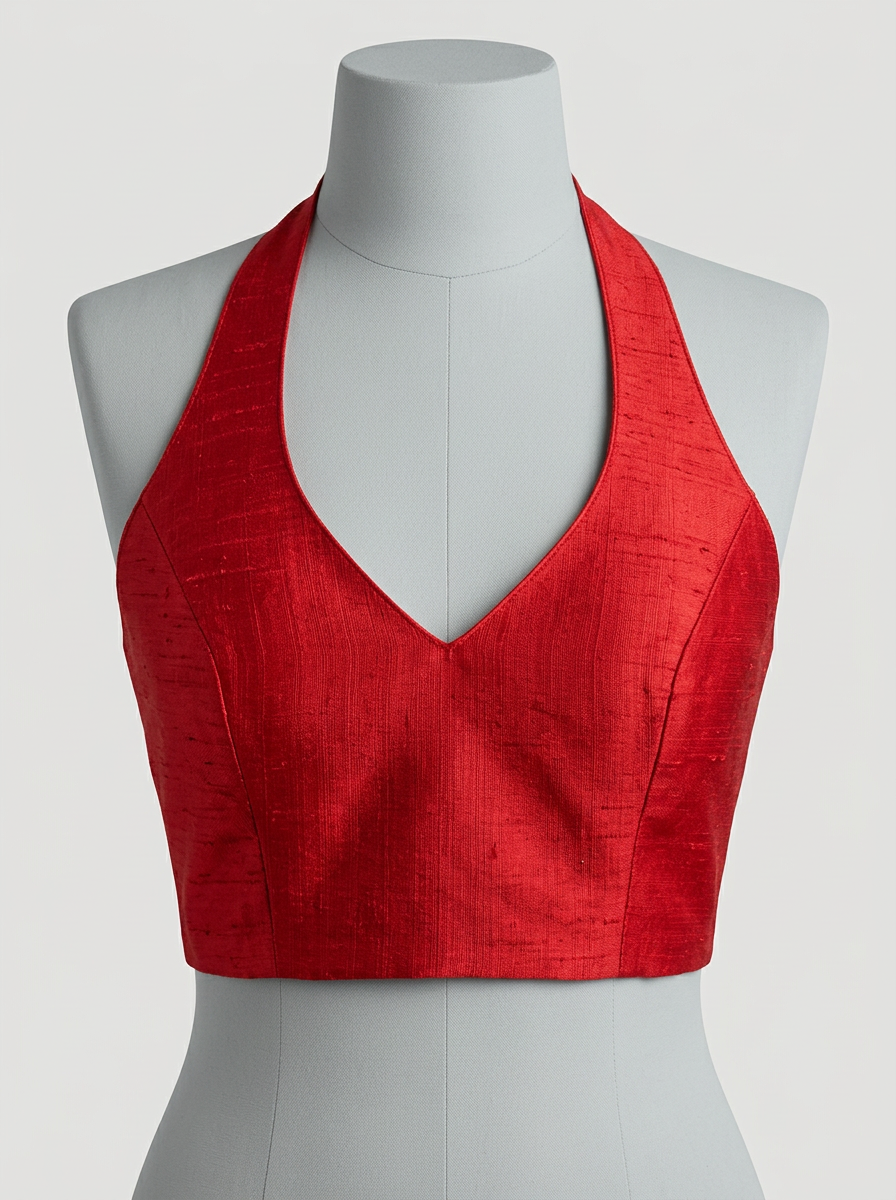Front view of a scarlet red halter neck saree blouse on a mannequin, showcasing the V-neck and princess seams.