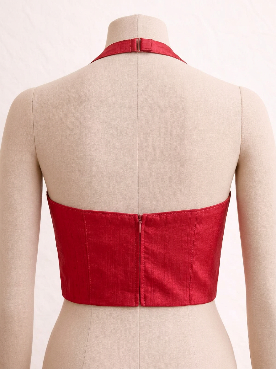 Back view of the red halter neck blouse on a mannequin, highlighting the open back design with neck hook and waist zipper.