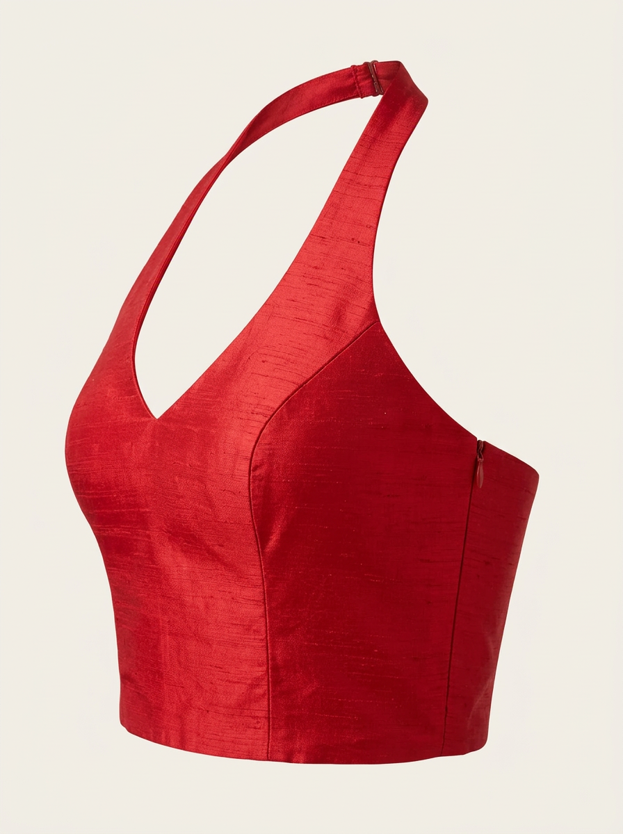 Side profile of the red halter neck blouse on a mannequin, showing the tailored fit and fabric texture.