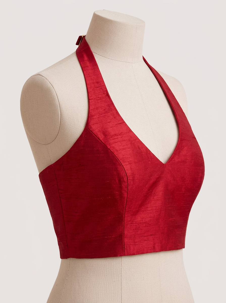 Angled front view of the red halter neck blouse, emphasising the neckline and the rich sheen of the dupion silk.