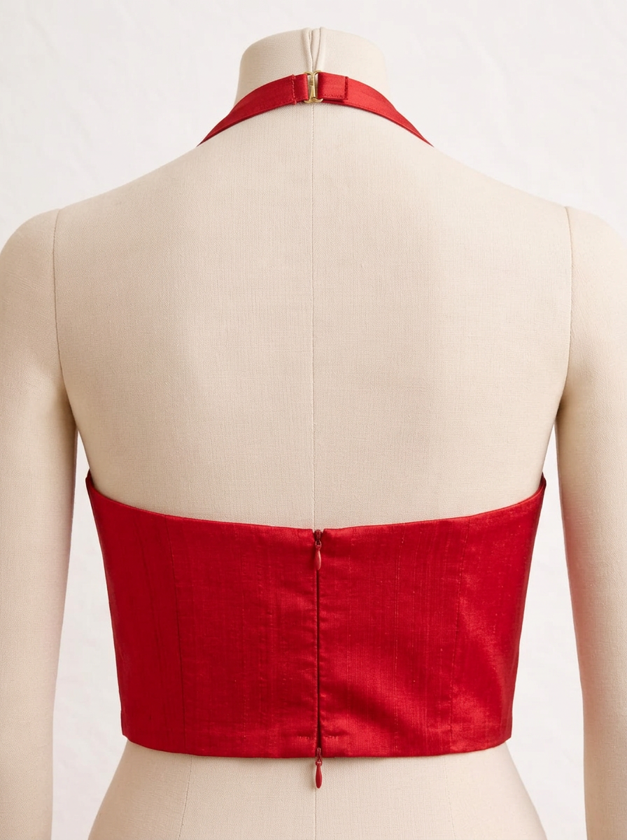 Close-up back view of the red halter neck blouse on a mannequin, detailing the hook closure at the neck and the invisible zipper at the waist.