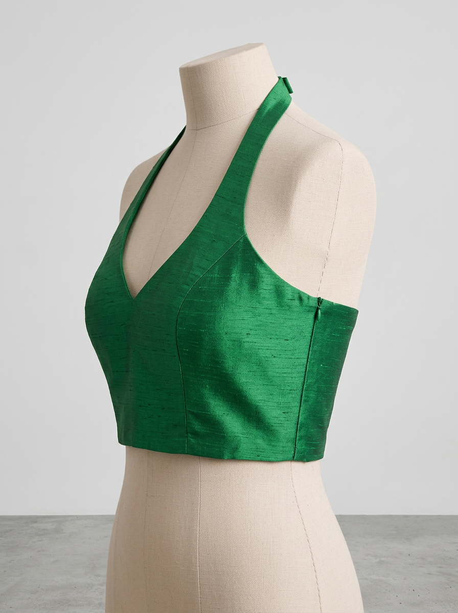 Side profile of a green raw silk halter neck blouse on a mannequin, showcasing the tailored fit and princess seams.