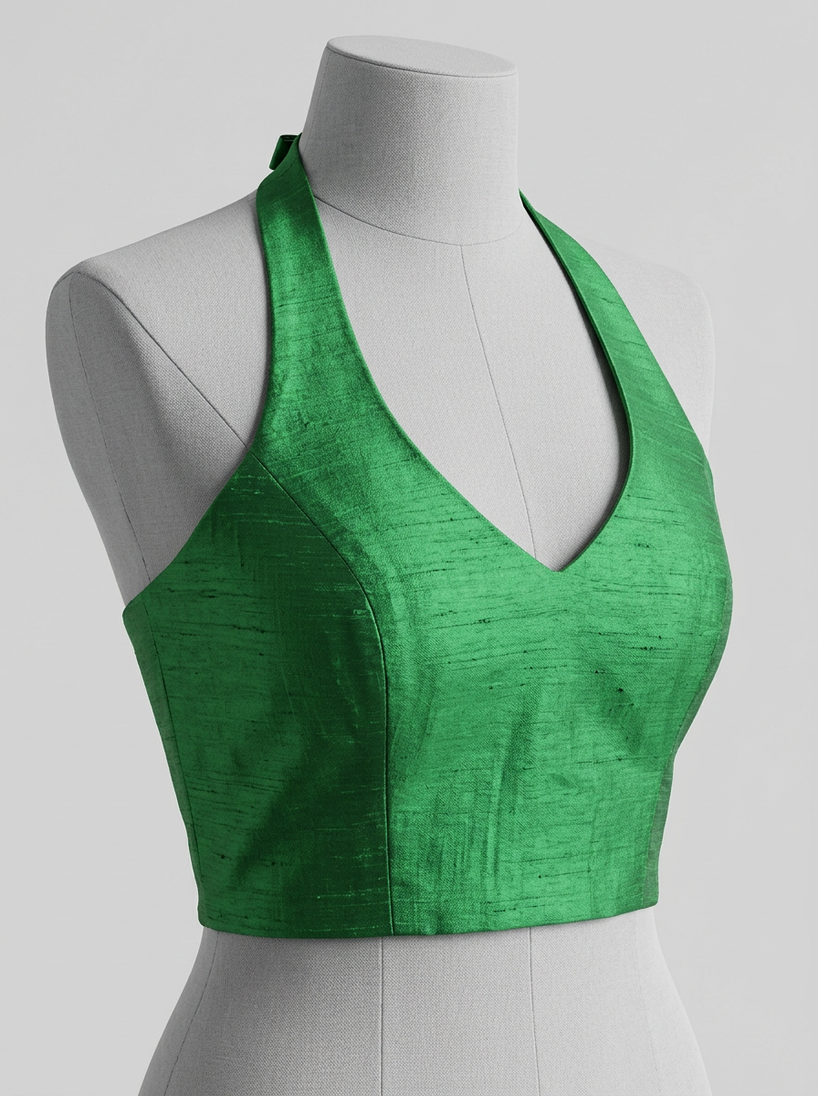 Front-angled view of a green raw silk halter neck blouse on a mannequin, focusing on the V-neck and overall silhouette.