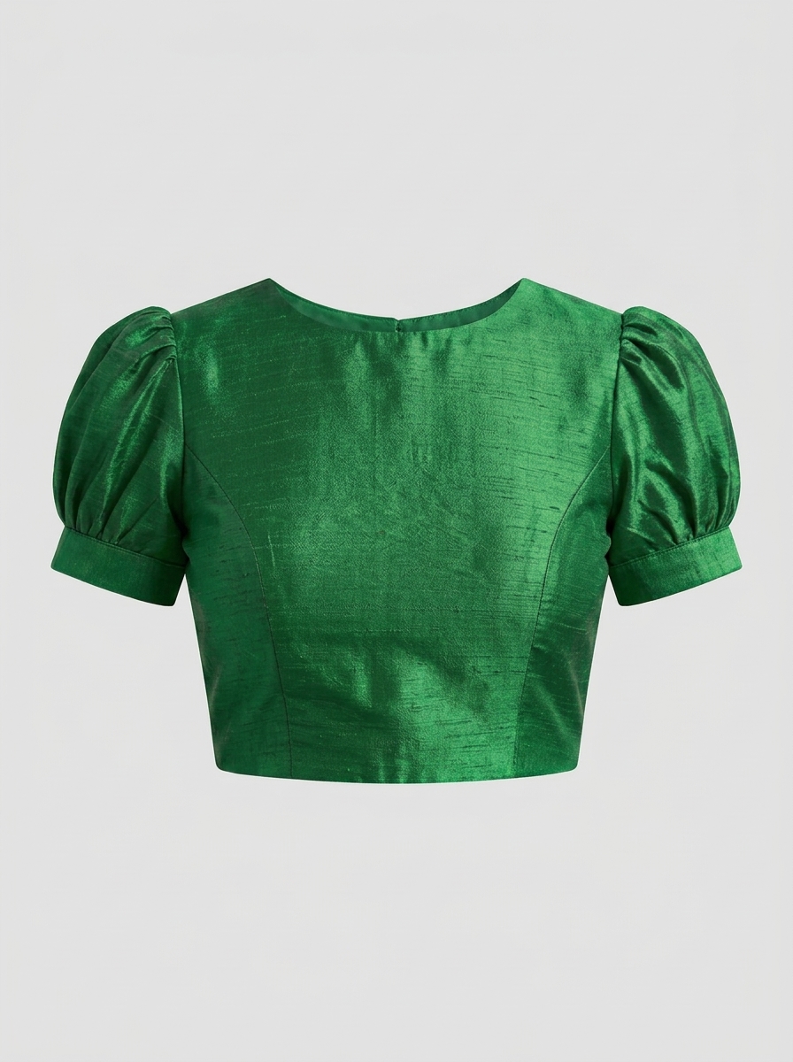 Emerald green raw silk puffed sleeve blouse front view with high boat neck